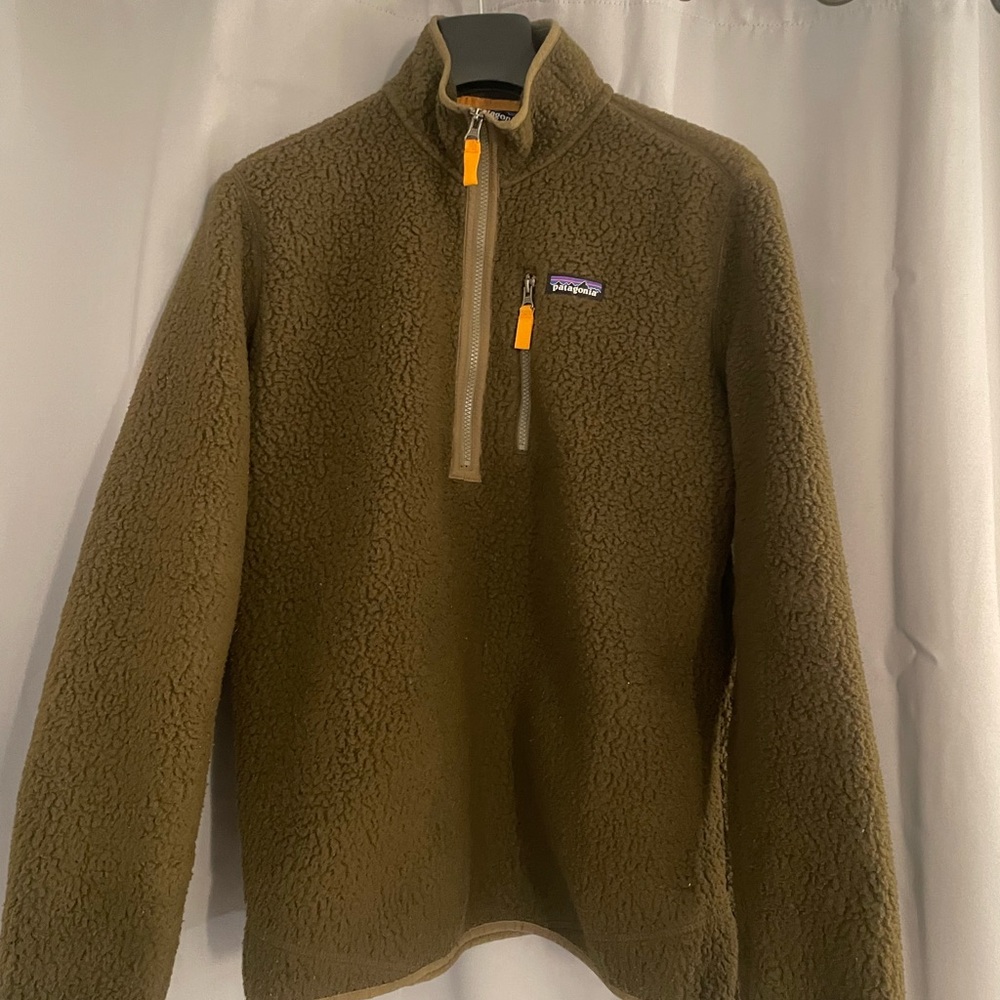 Patagonia Fleece Sherpa Pullover, Size L, Olive Green/Brown